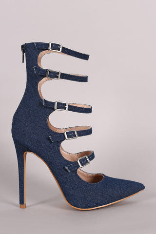 Shoe Republic LA Denim Strappy Buckled Pointy Toe Stiletto Pump