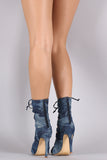 Liliana Washed Denim Lace Up Open Toe Stiletto Booties