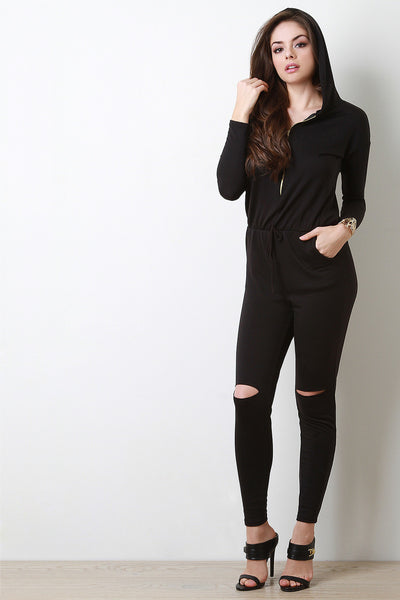 Zip Up Slit Knee Long Sleeves Hooded Jumpsuit