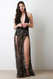 Floral Lace Deep-V Neck Backless Romper Maxi Dress