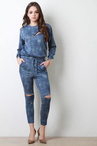 Denim Print Knee Slit Zipper Trim Jogger Pants