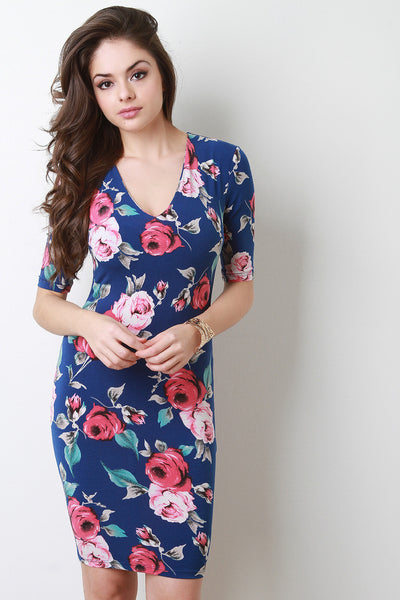 Floral V-Neck Bodycon Midi Dress